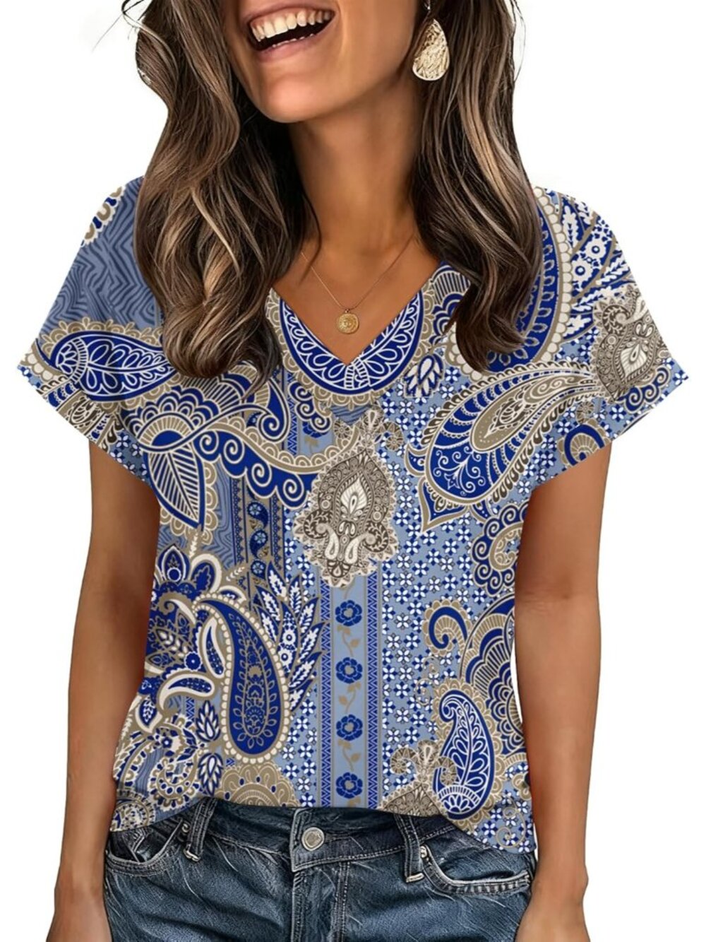 Women's Boho Blue Short Sleeve V Neck Basic Tees Shirts Casual Tops Blouses